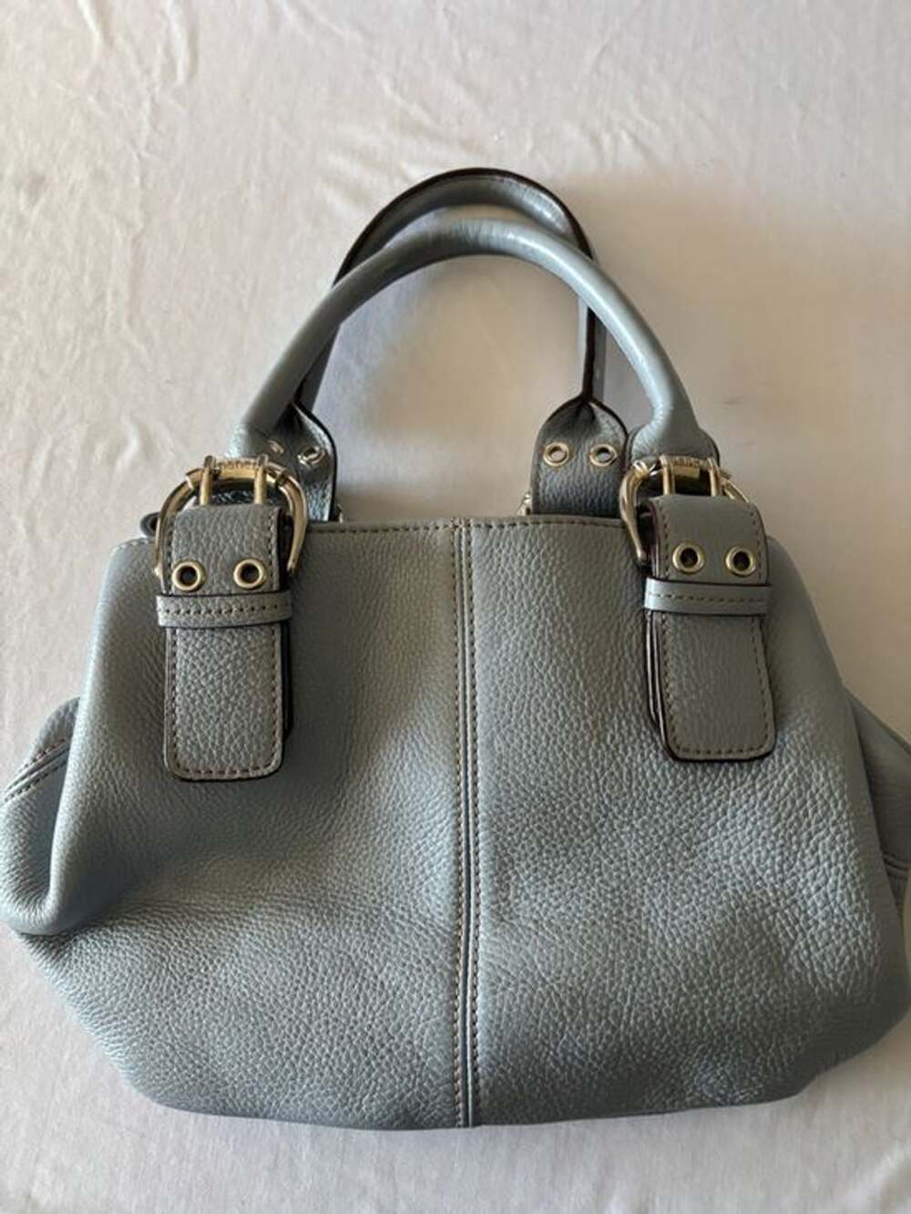 Tiganello Pebbled Light Blue Leather Buckle-Accent Satchel